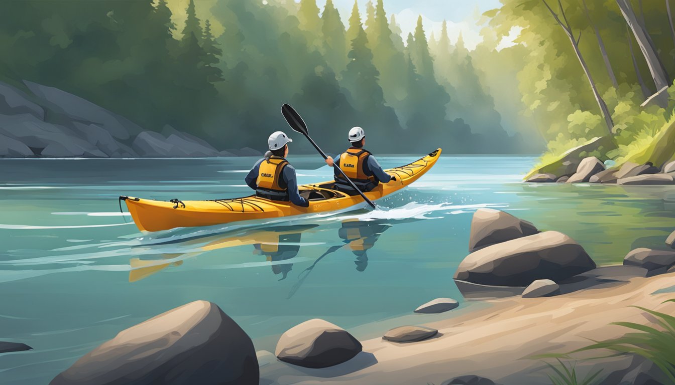 A kayak is positioned parallel to the water's edge. A second kayak is overturned nearby. A paddler stands ready to perform a T-rescue maneuver