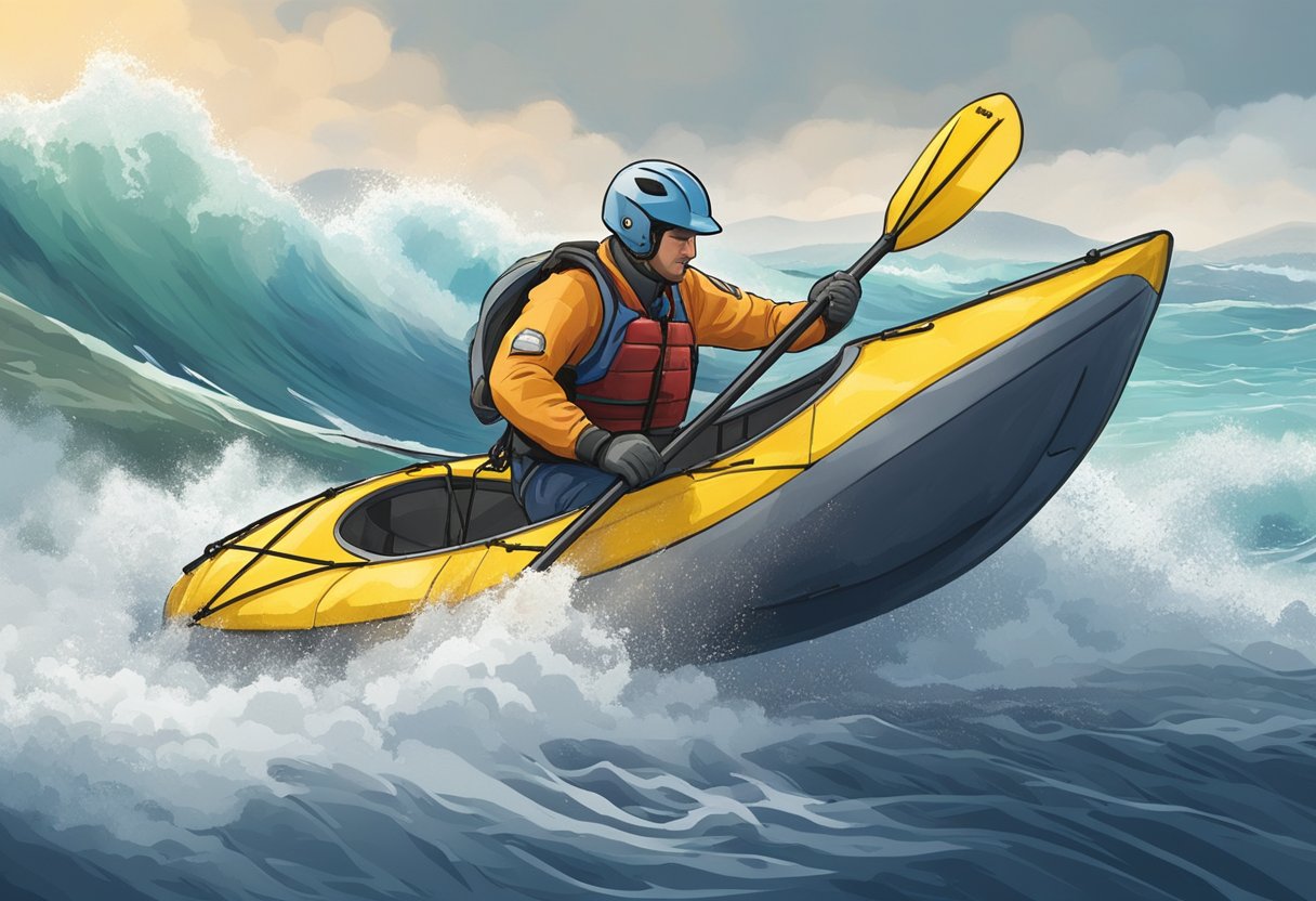 sea kayak rescue. A sea kayak is being pulled to safety by a rescuer in a motorized boat. 