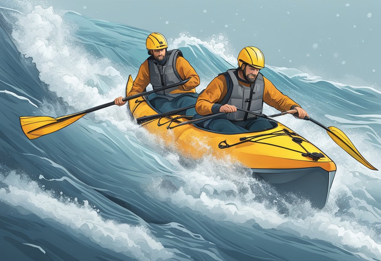 A sea kayak capsizes in rough waters, while another kayaker swiftly approaches to perform a rescue using a paddle float and T-rescue technique