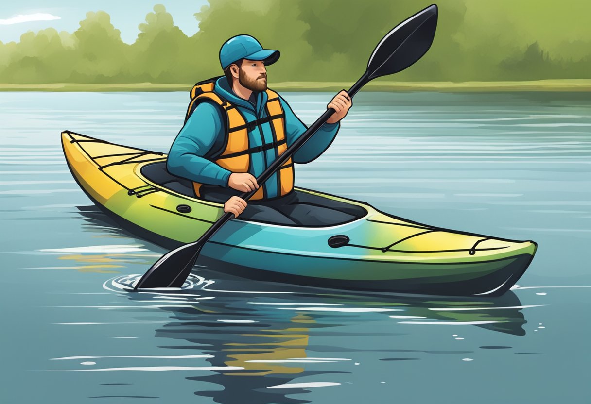 A kayak tips over in a calm river. The paddler remains calm, holds onto the kayak, and slowly flips it back over