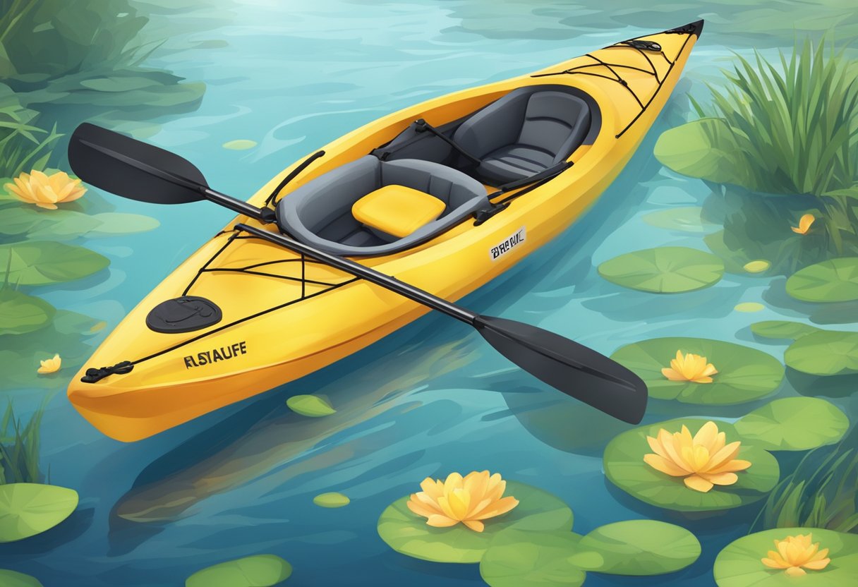 A kayak with essential safety equipment floating on calm water after tipping over. Paddle and life jacket nearby