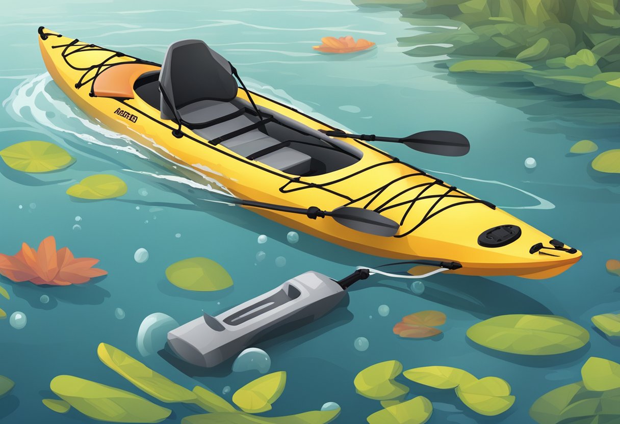 A kayak overturned in the water, with essential safety gear floating nearby. A paddle and a life jacket are visible, while the kayak is partially submerged