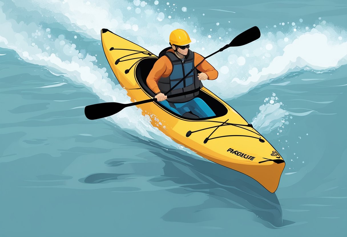 A kayak paddle floats on the water next to a kayak, with a person in the water performing a self-rescue maneuver