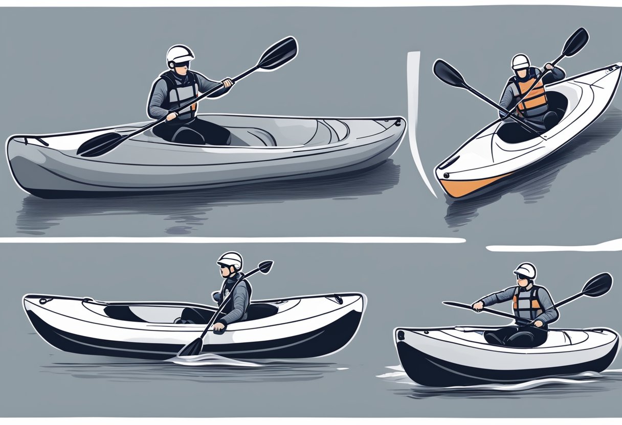 A kayaker secures a spray skirt, checks the kayak's integrity, and adjusts the paddle. A safety helmet and life jacket are worn