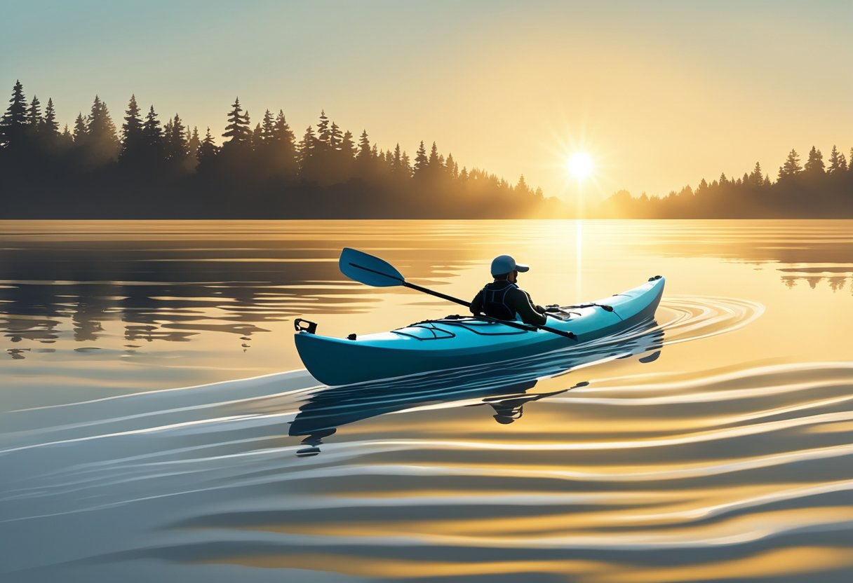 A kayak glides to a stop on calm water, ripples spreading out from its hull. The sun reflects off the surface, casting a golden glow