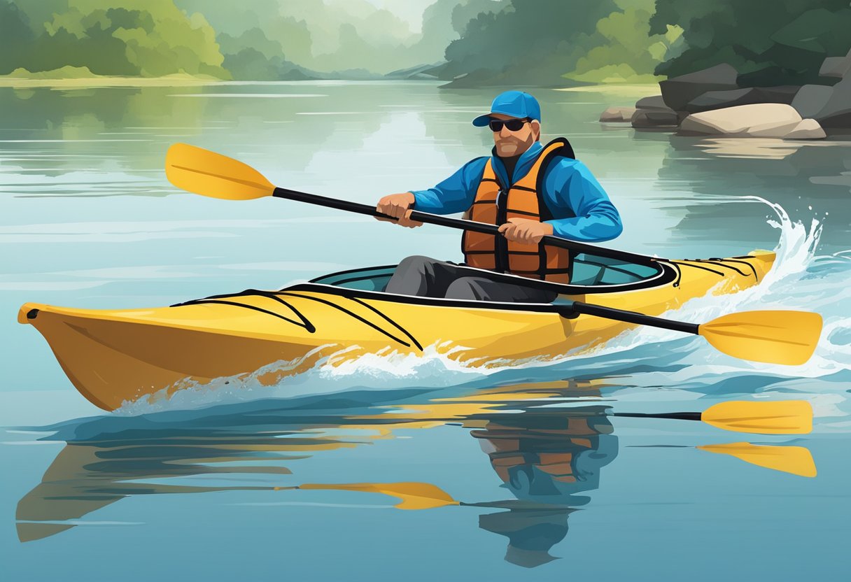 A kayak glides smoothly on the water, executing perfect stop techniques with precision and control. The paddle is held steady as the kayak comes to a graceful halt