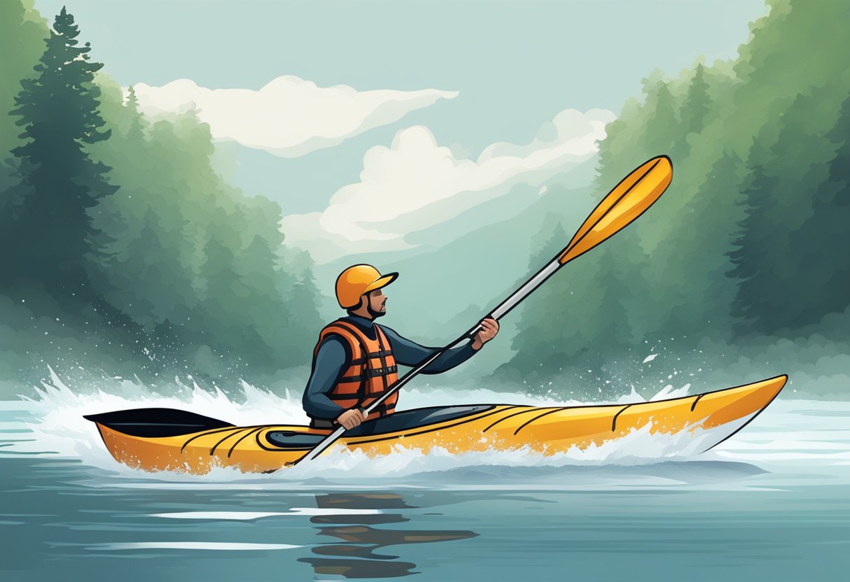 A kayak glides through water, paddle sweeping in a smooth, powerful stroke