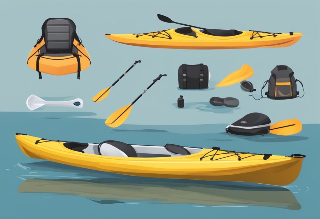 A kayak is equipped with a paddle float, bilge pump, and rescue stirrup. A life jacket and helmet are nearby