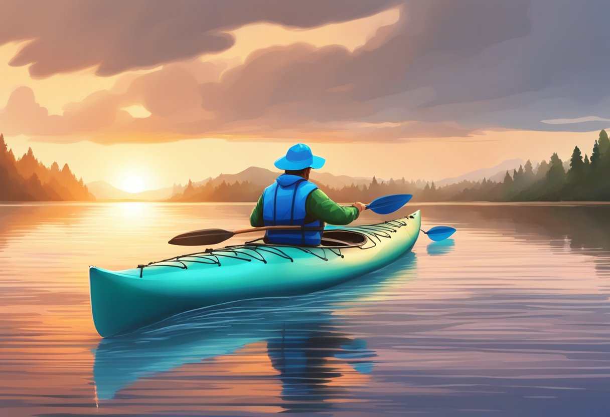 A plastic kayak sits covered in a protective tarp, shielded from rain and sun. A person applies a layer of UV protectant spray to the kayak's surface