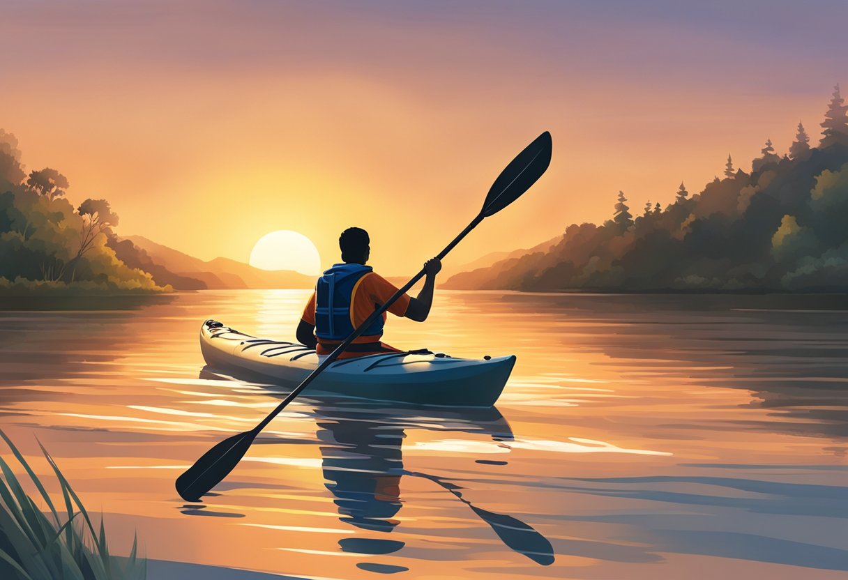 A person in a kayak, paddling through calm waters with a focus on their core and upper body strength. The sun is setting in the background, casting a warm glow over the scene