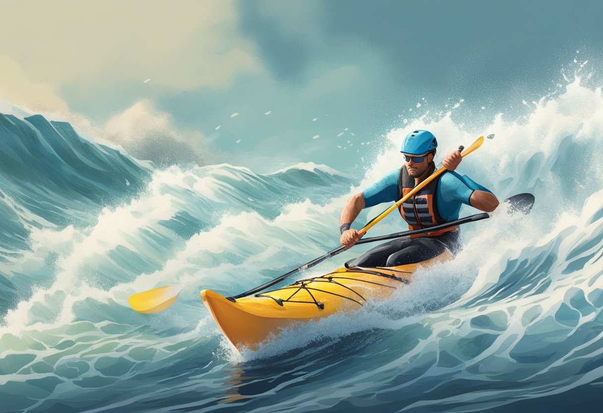 A kayaker paddling through choppy waters, using core and upper body strength to power through the waves