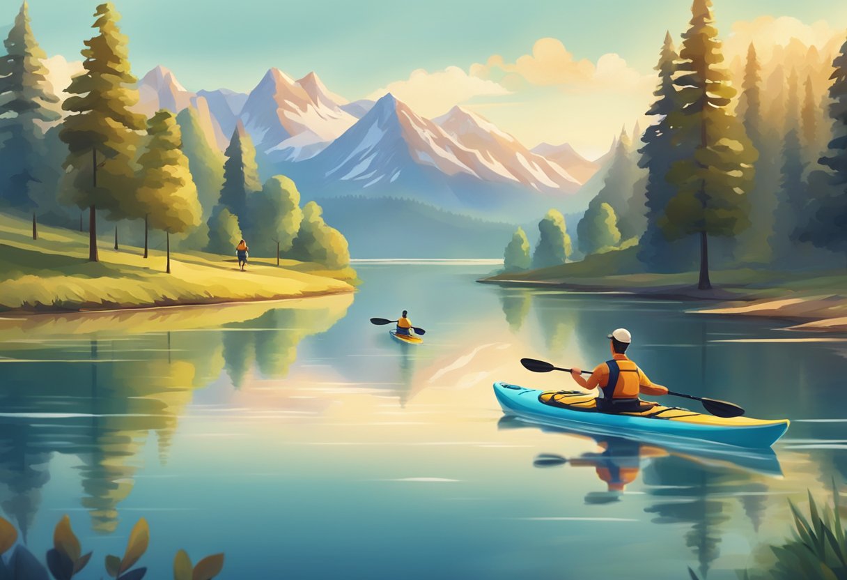 A person kayaking on a calm river with trees and mountains in the background, while another person is doing a cardio workout with jumping jacks and running in a park