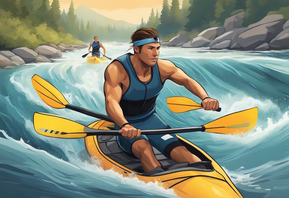 A kayaker paddling through rough waters, muscles straining, while a runner sprints on a trail, sweat dripping, both training for peak performance