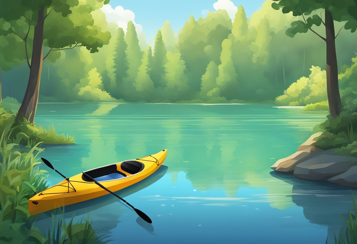 A serene lake with a kayak resting on the shore, surrounded by lush green trees and a clear blue sky. A paddle and life jacket lay nearby