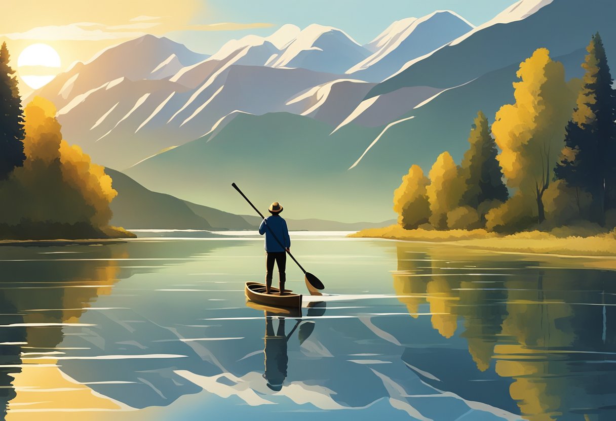 A person standing by a calm river, holding a paddle and looking out at the water. The sun is shining, and there are trees and mountains in the background