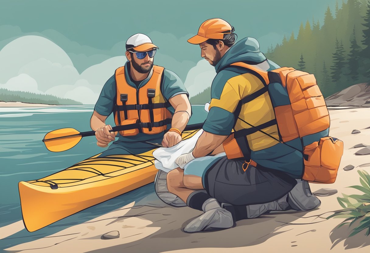 A kayaker with a bandaged wrist receives assistance from a fellow paddler. The injured kayaker sits on the shore while the other applies a first aid kit