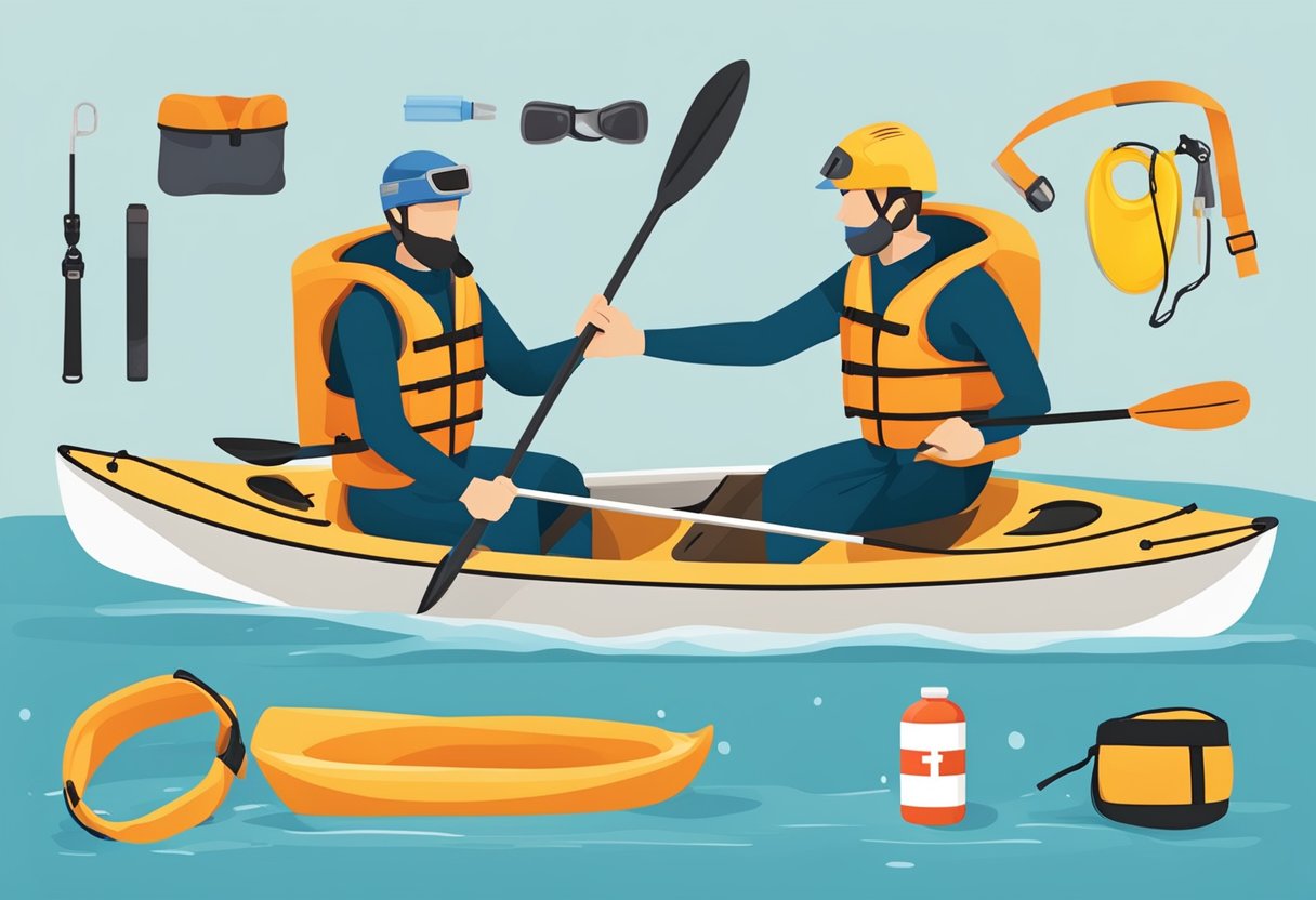 A kayak with essential safety gear: life jacket, helmet, and first aid kit. Illustrate a kayaker applying a bandage to a wrist