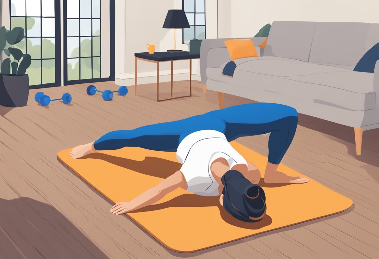 A person doing core strengthening exercises in a home setting, using a yoga mat and resistance bands. The exercises include planks, Russian twists, bicycle crunches, leg raises, and supermans