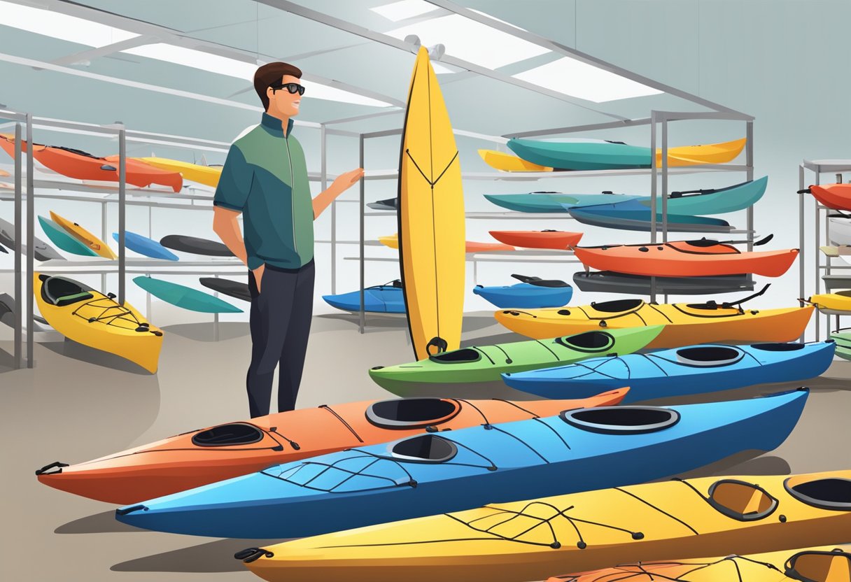 A person stands next to a variety of kayaks, examining their different shapes, sizes, and features. The kayaks are displayed on a rack or in a showroom setting