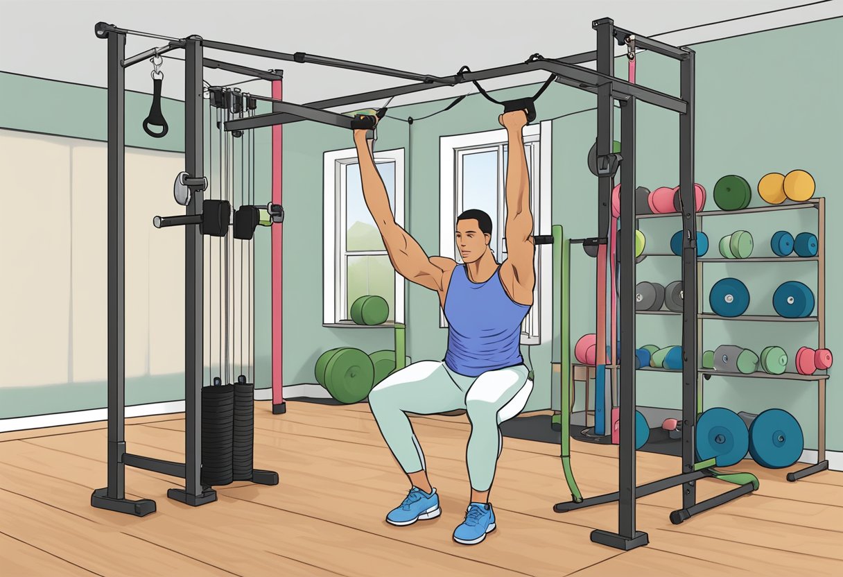 A person is performing upper body exercises using resistance bands, dumbbells, and a pull-up bar in a home gym setup