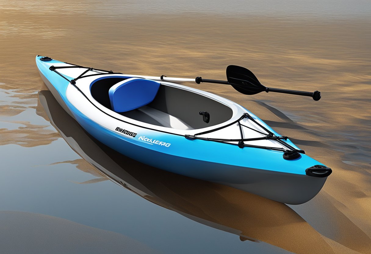 A sleek, sturdy kayak sits on the shore, its smooth, durable material glistening in the sunlight. The strong build quality is evident in the reinforced hull and secure fittings