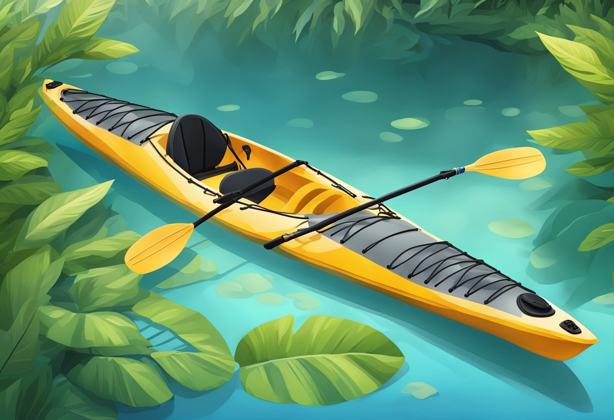 A kayak floats on calm water, surrounded by lush greenery and a clear blue sky. The paddles are resting on the kayak, ready for a workout