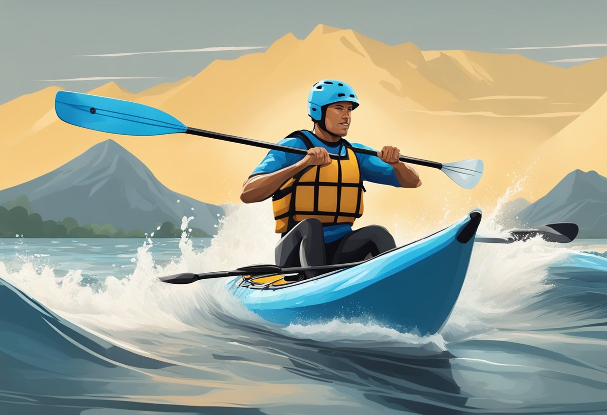 A kayaker paddles through choppy waters, muscles straining as they push against the resistance, determined to build endurance for their paddling workouts