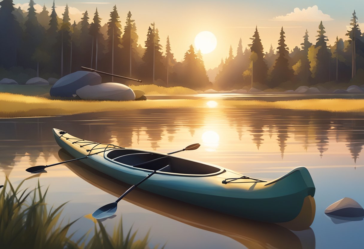 A kayak sits on a calm lake shore, surrounded by weightlifting equipment and exercise mats. The sun shines overhead, casting a warm glow on the scene