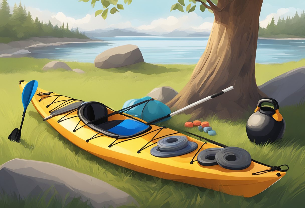 A kayak rests on a grassy shore, surrounded by weights, resistance bands, and a kettlebell. A paddle leans against a tree, while a person-sized sandbag sits nearby