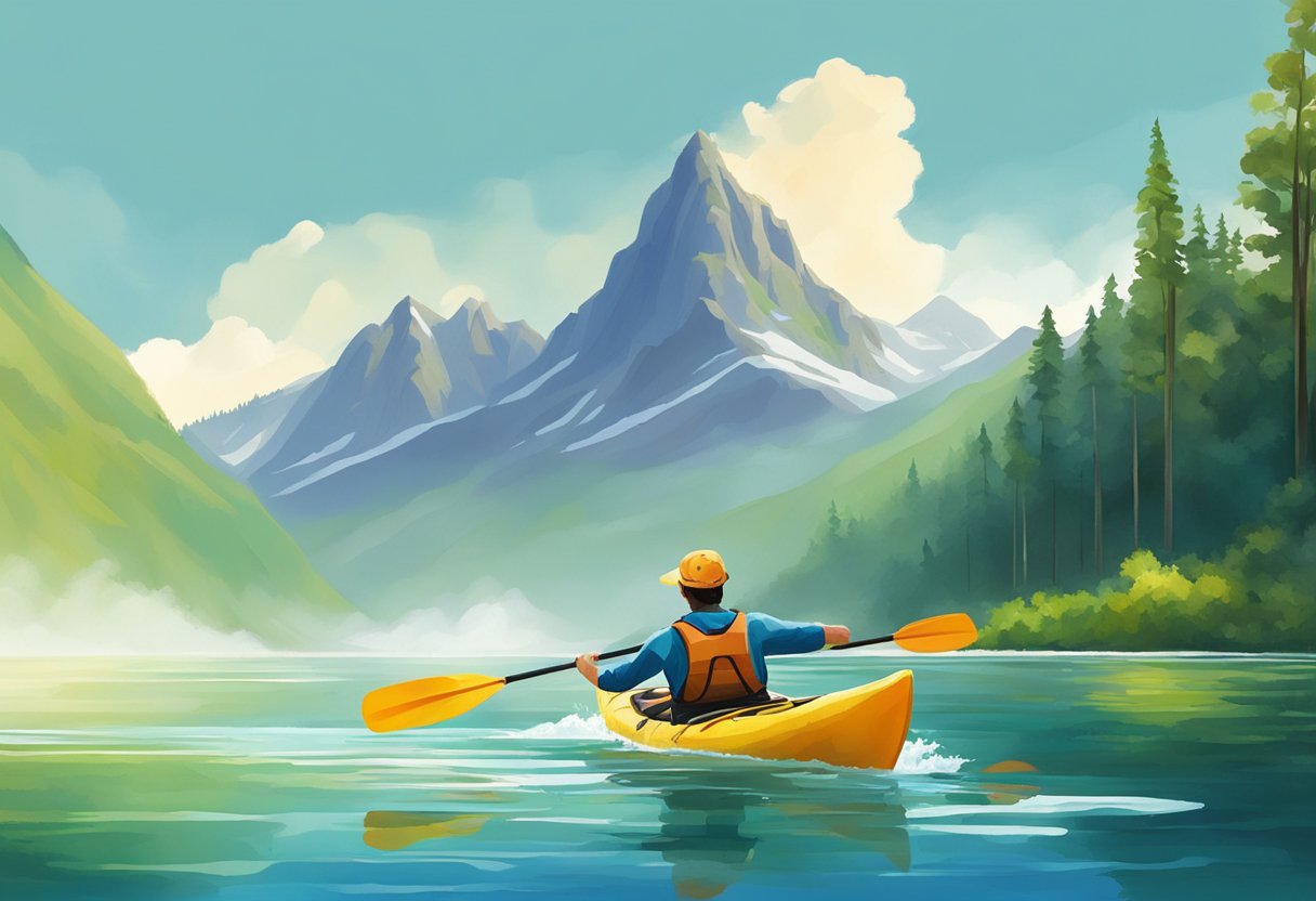 A kayaker paddles through calm waters surrounded by lush greenery and towering mountains, basking in the rejuvenating effects of outdoor exposure