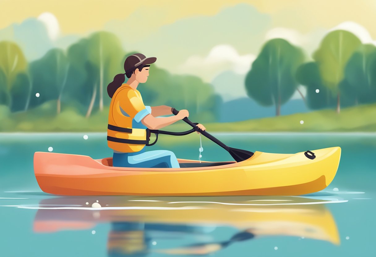 A person gently washing a plastic kayak with a hose and sponge on a sunny day by a calm body of water