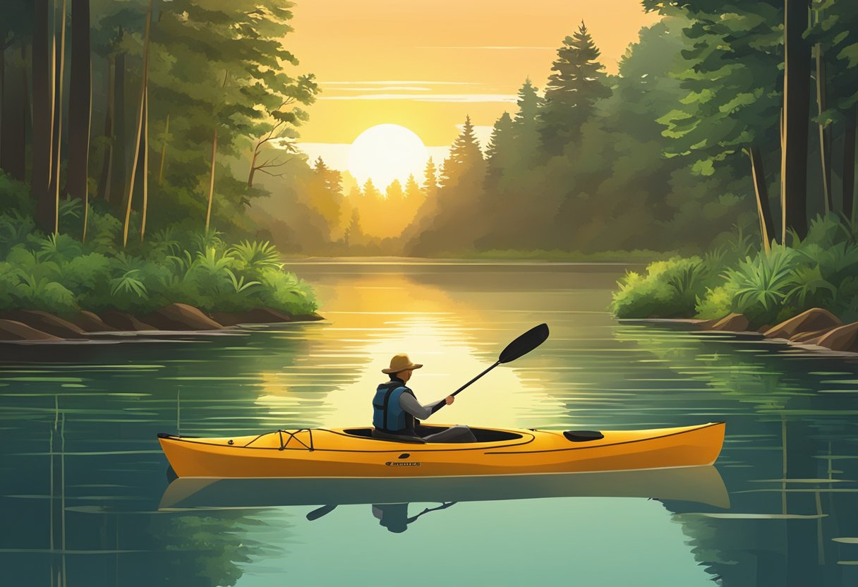 A serene lake surrounded by lush greenery, with a kayak floating peacefully on the water. The sun is setting, casting a warm glow over the scene