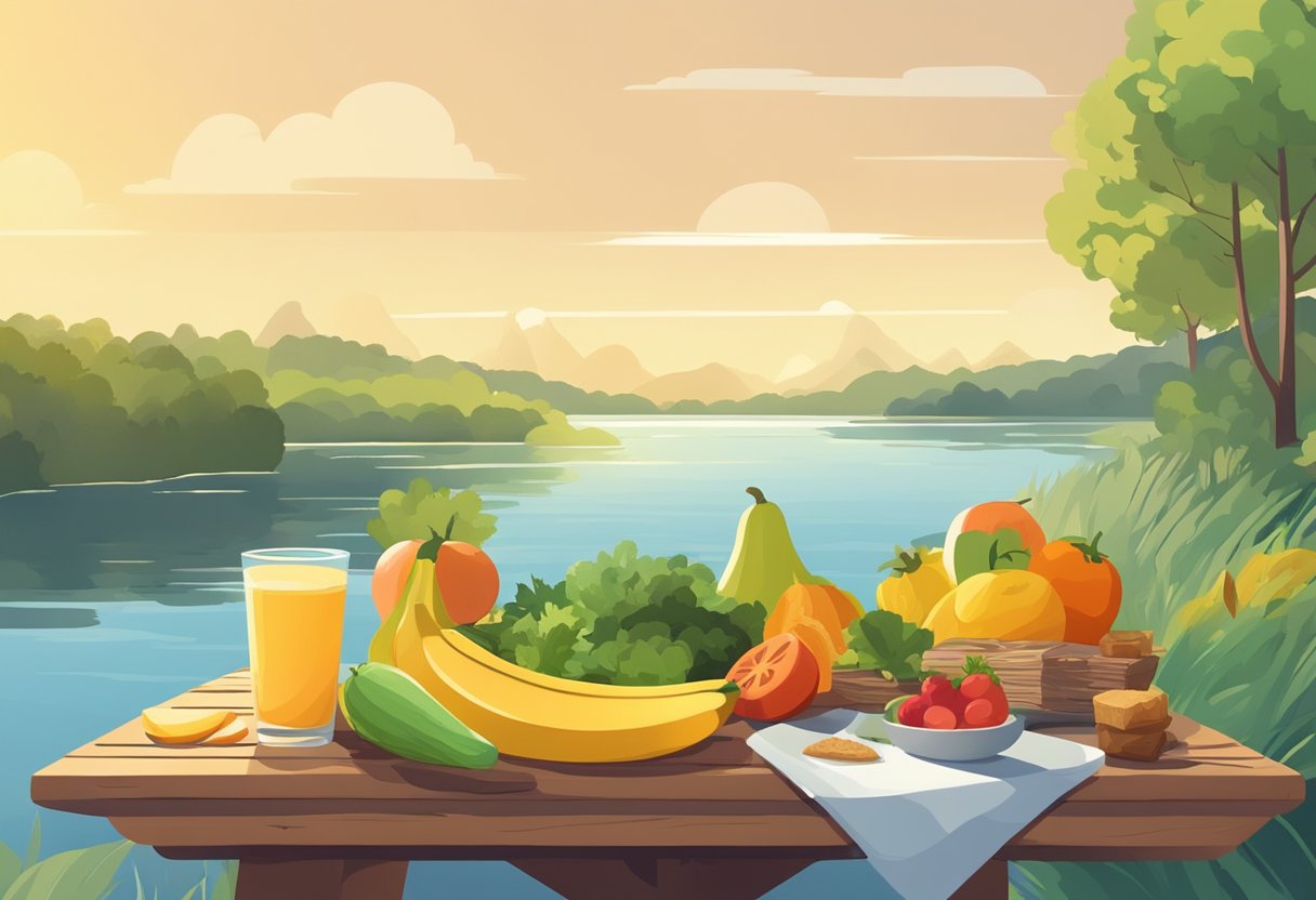 A colorful spread of fresh fruits, vegetables, and energy bars displayed on a wooden picnic table near a calm river, with a kayak and paddle resting nearby