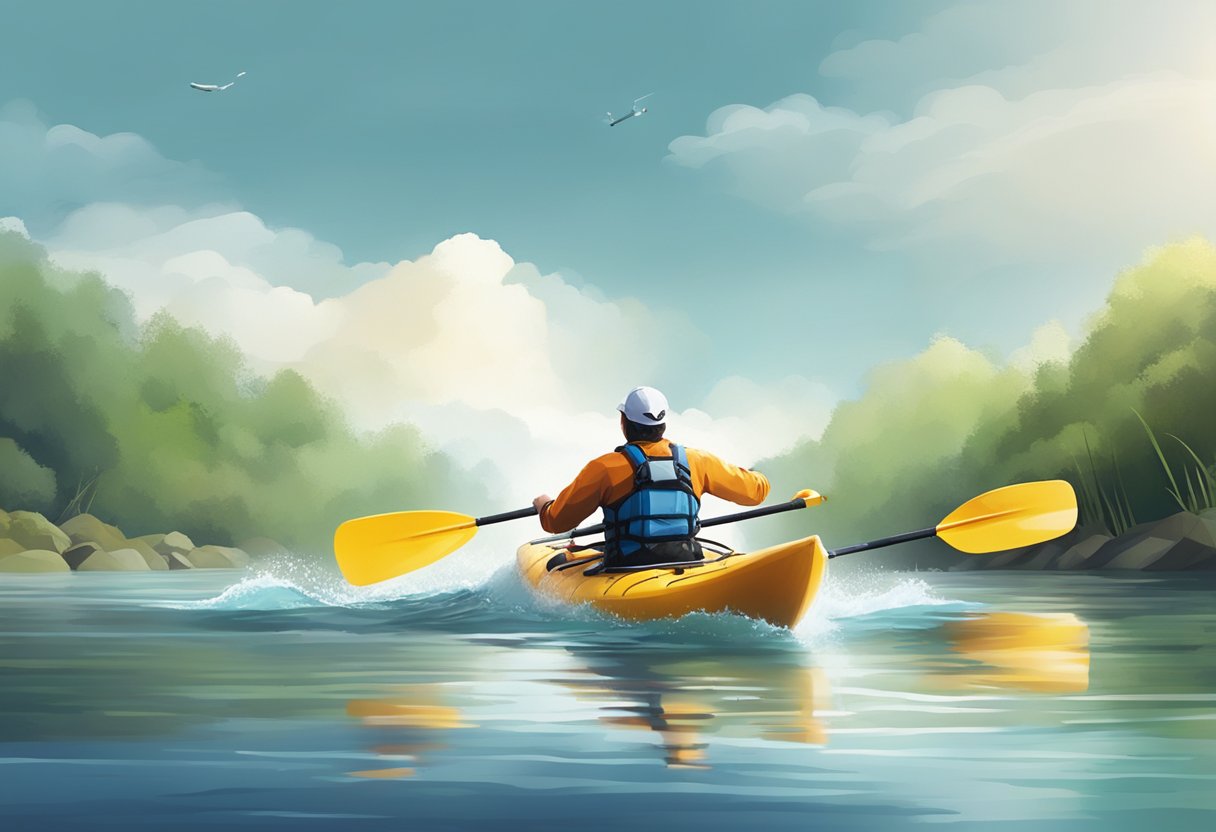 A kayaker paddling at high speed through a series of buoys in a calm river, with a stopwatch in the foreground