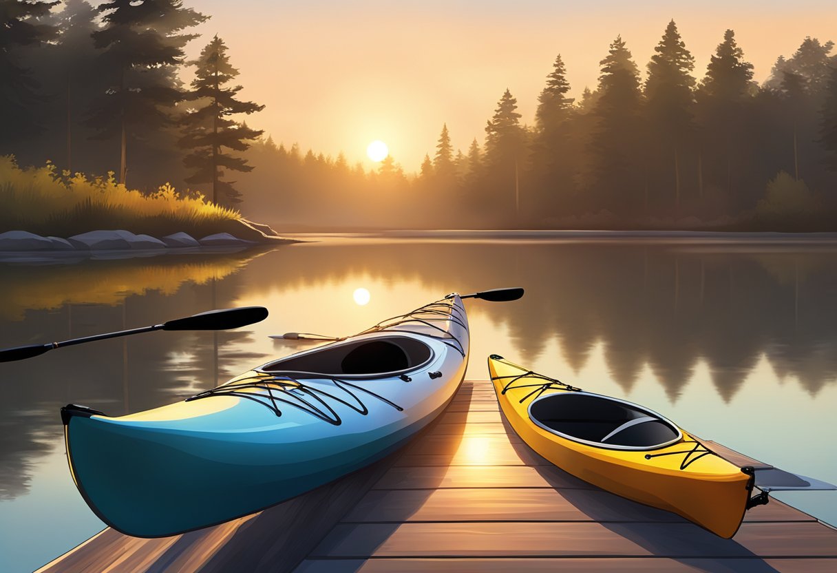 A kayak sits on a dock next to calm, glassy water. A stopwatch and water bottle are placed nearby. The sun is rising, casting a warm glow on the scene