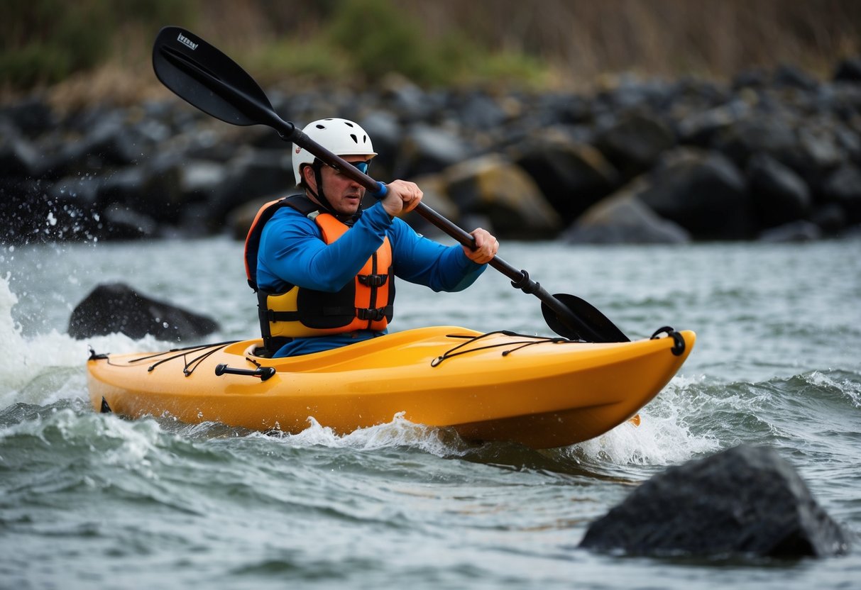 A kayaker navigating rough waters, avoiding rocks and debris, wearing proper safety gear and using correct paddling technique