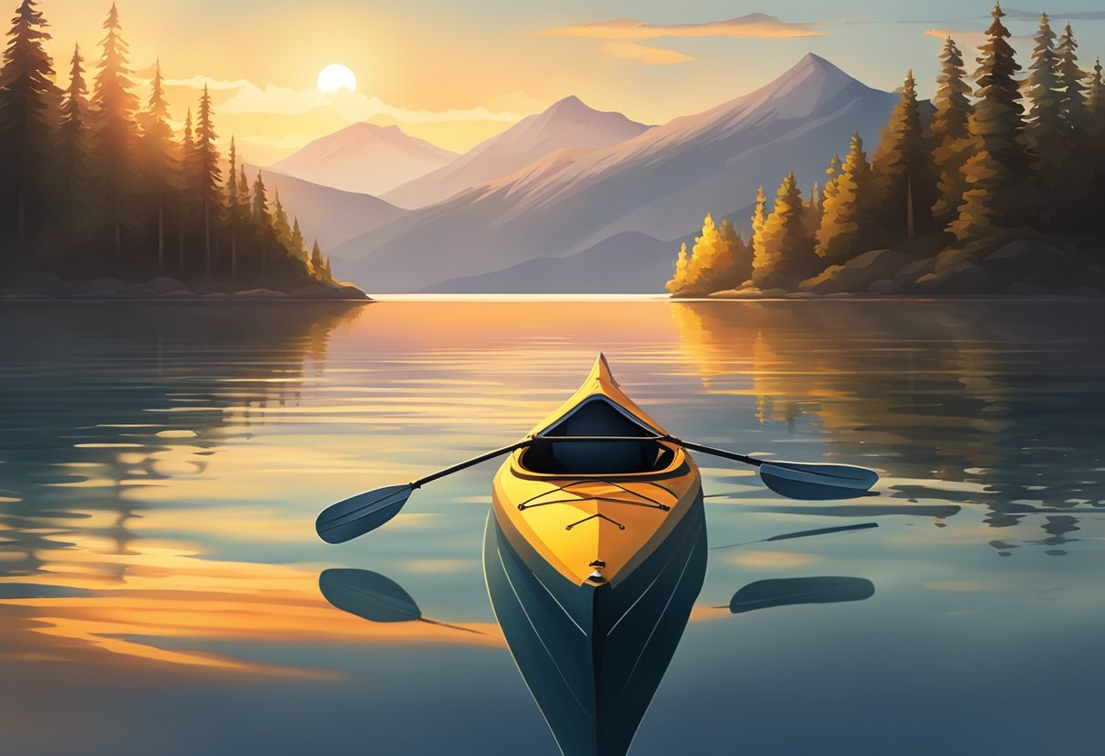 A serene lake with a lone kayak gliding through calm waters. The sun sets in the distance, casting a warm glow on the surrounding mountains