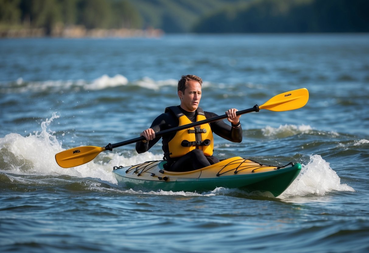 A kayaker paddling through rough waters, demonstrating proper form and technique to prevent common injuries