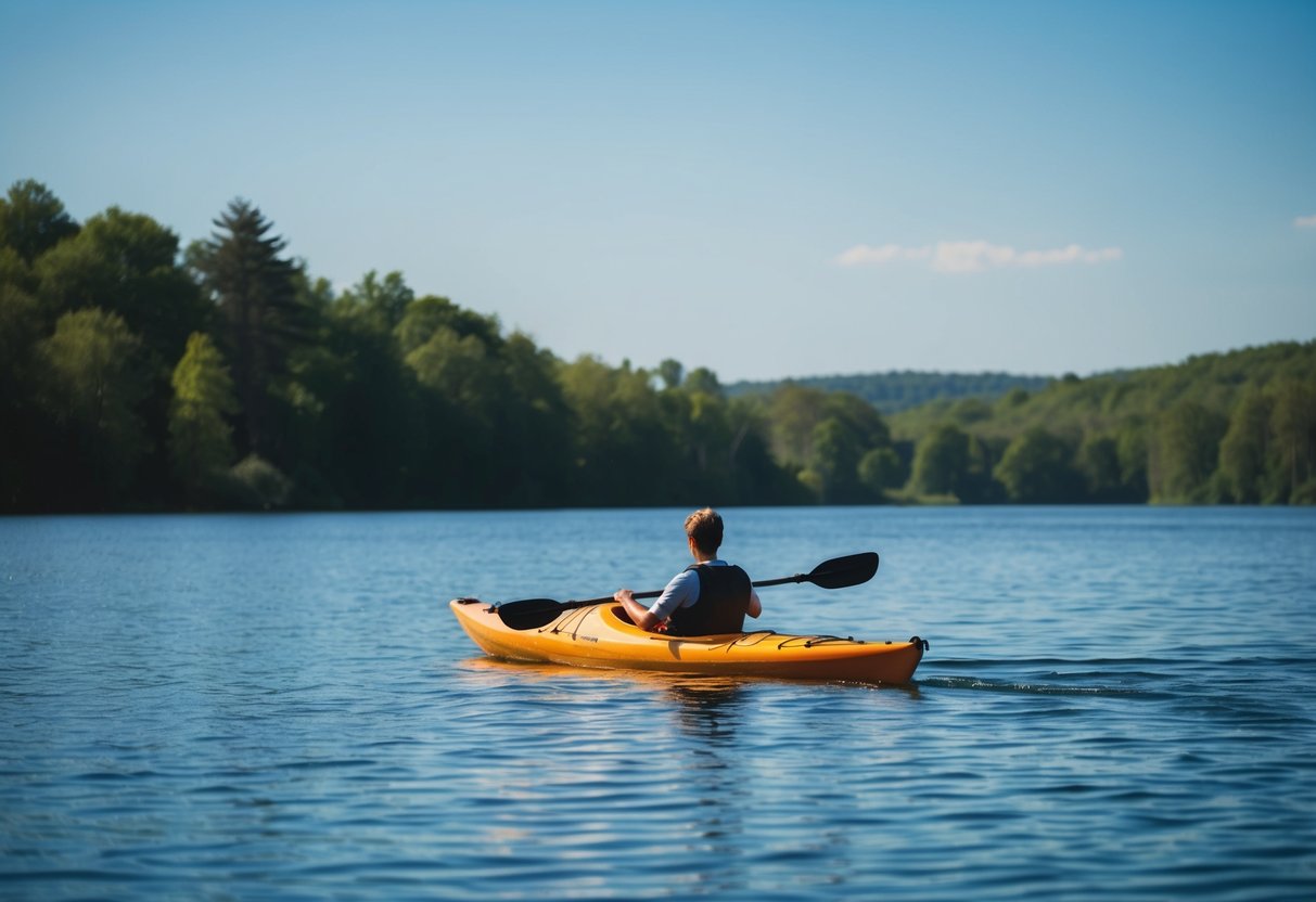 A serene lake with a lone kayak gliding through calm waters, surrounded by lush greenery and a clear blue sky