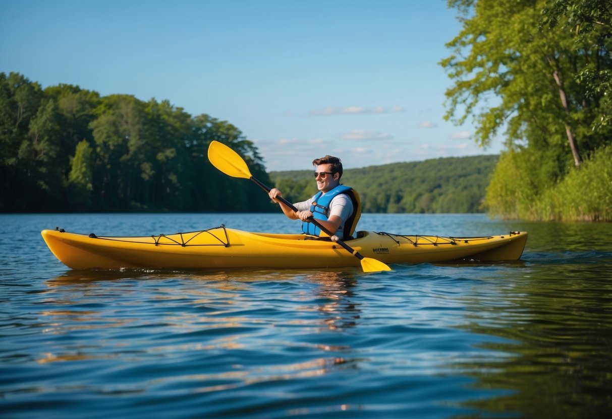 A person paddling a kayak across a calm lake, surrounded by lush green trees and clear blue skies