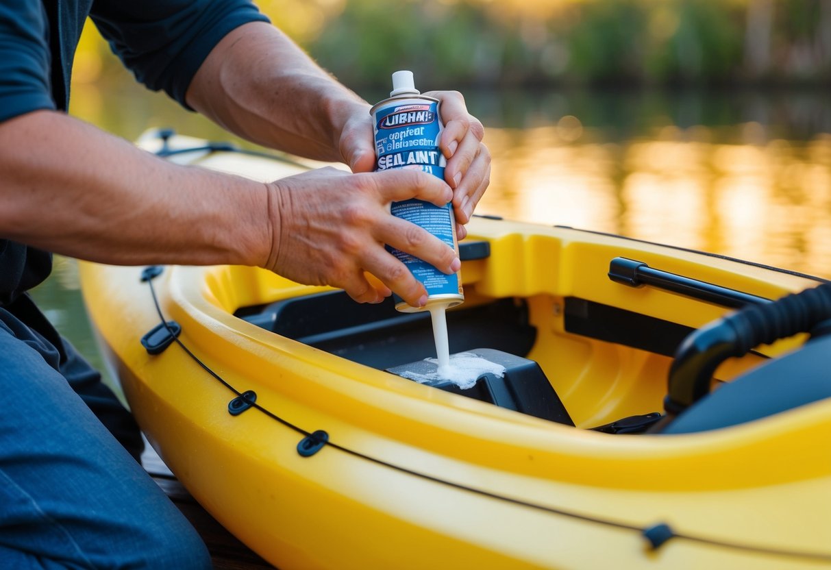 A person applying sealant to a crack in a kayak hull