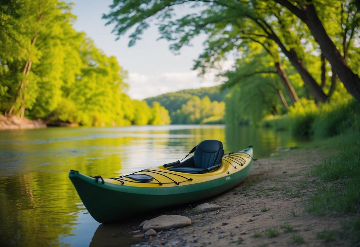 A kayak rests on a calm riverbank, surrounded by lush green trees and the gentle sounds of nature