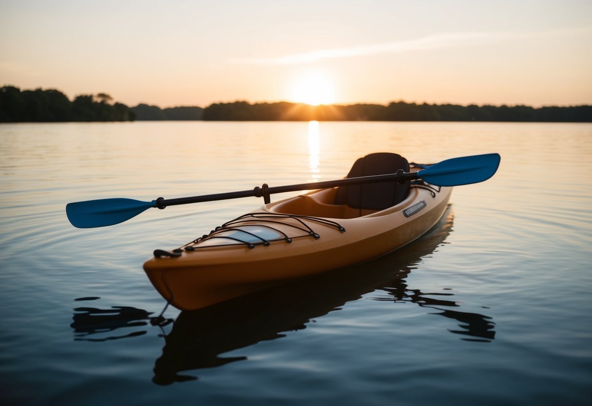 A kayak floating on calm water with a paddle resting across the top. The sun is setting in the background, casting a warm glow over the scene