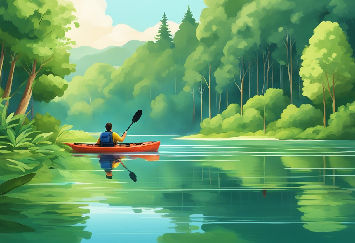 A calm lake with a kayak floating peacefully, surrounded by lush green trees and the sound of gentle waves