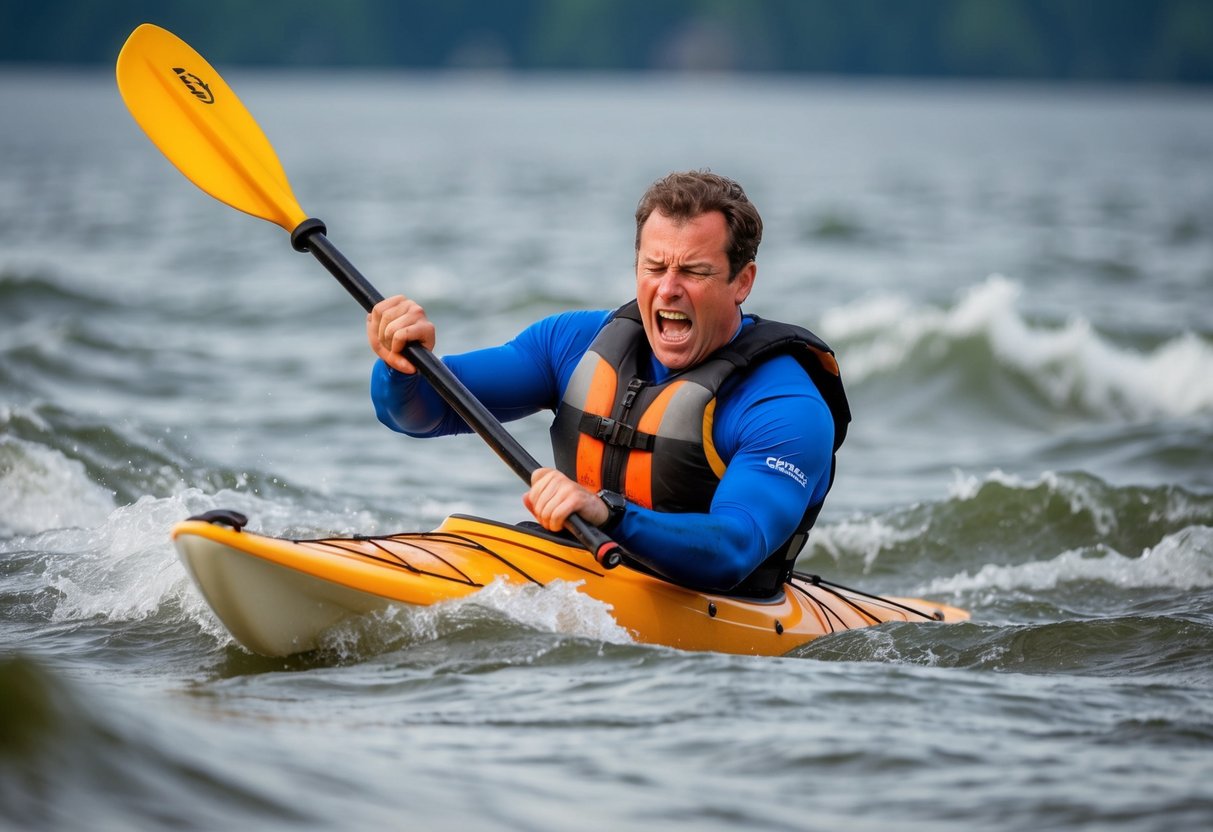 A kayaker struggling to paddle against strong currents, grimacing in pain from a shoulder injury