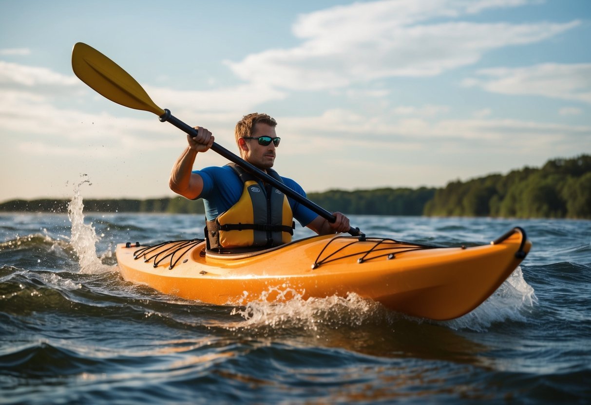 A kayaker paddling through rough waters, straining their shoulders