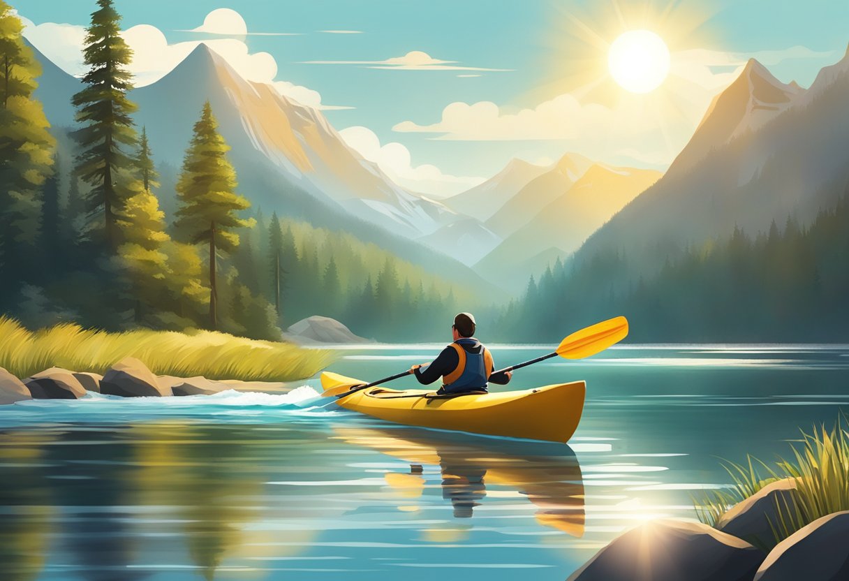 A kayaker paddling through calm waters with a scenic backdrop of mountains and forests. The sun is shining, and the water is glistening