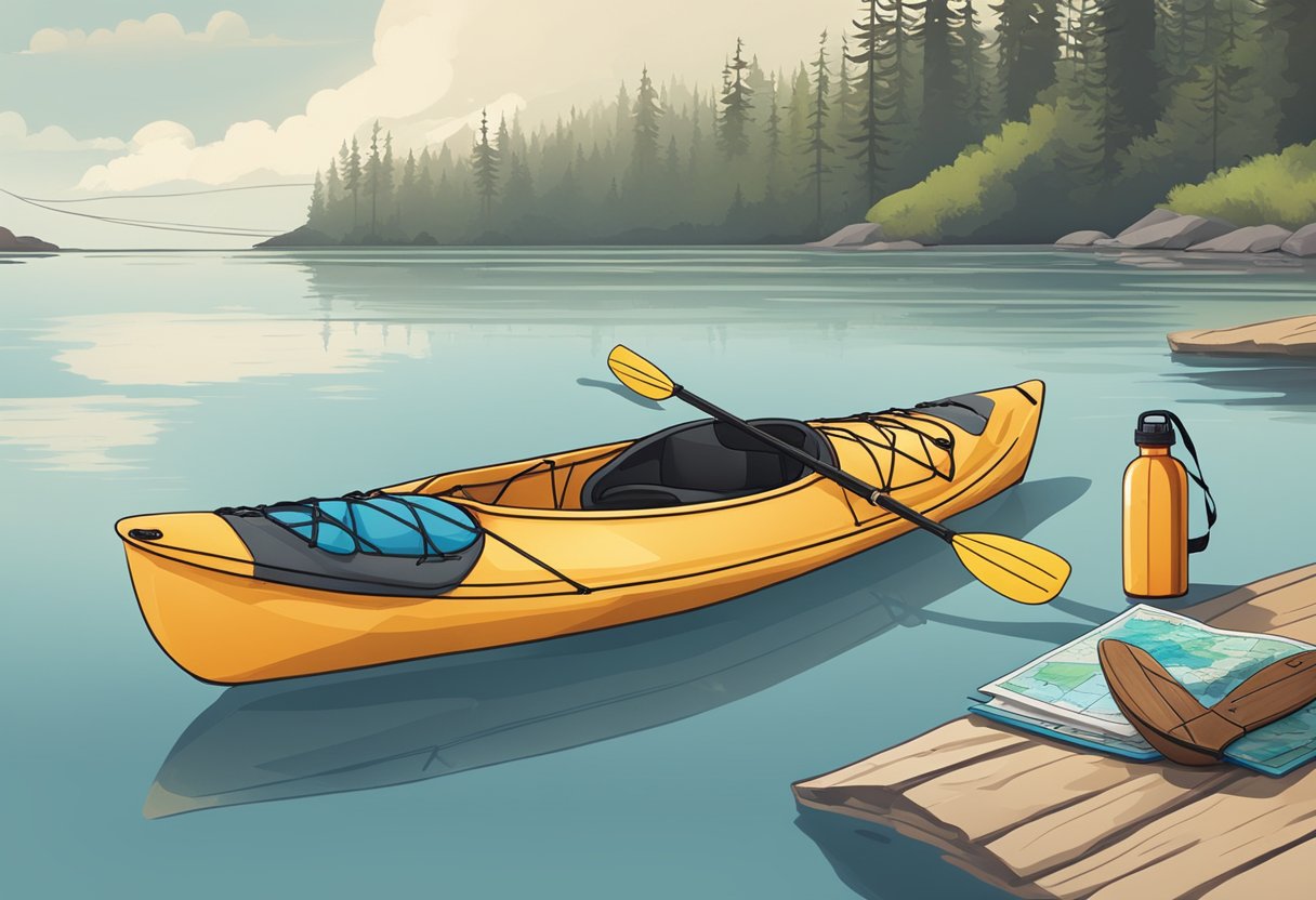 A kayak sits on a calm lake shore, surrounded by a paddle, life jacket, and water bottle. A map and compass lay nearby, ready for a long-distance journey