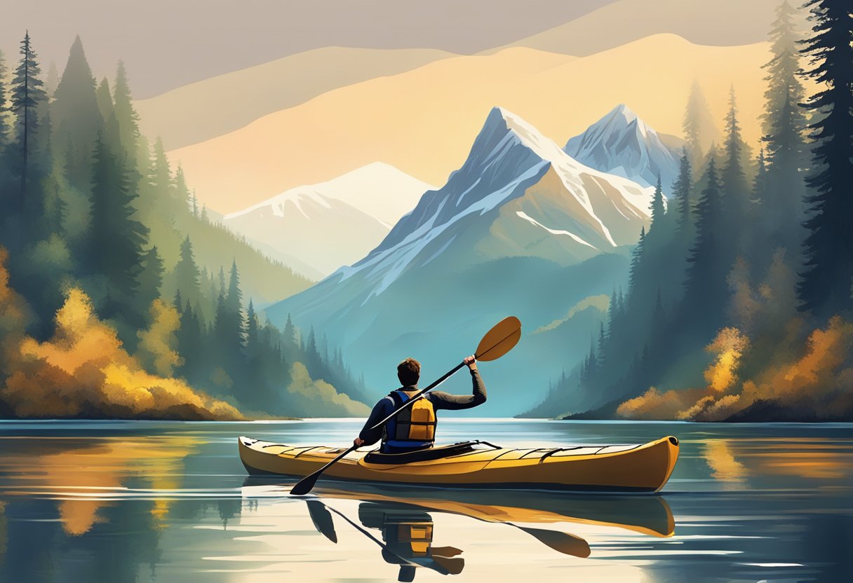 A kayaker paddling through calm waters with a scenic backdrop of mountains and forests. The kayaker is shown following a structured training plan, practicing various techniques and endurance exercises