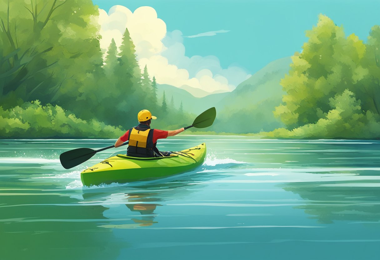 A kayaker paddling on calm water, surrounded by lush green trees and a clear blue sky. In the distance, a group of kayakers are practicing rescue techniques